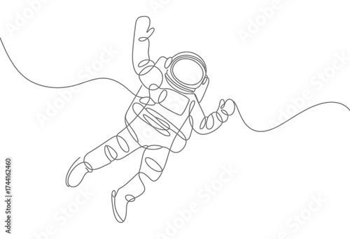 Minimalist single line drawing of an astronaut floating in space tethered by a cord