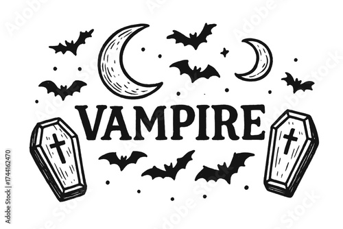Vampire Night Scene. Hand-drawn vampire night with bats, coffins, and moons, center word “Vampire” in black and white isolated