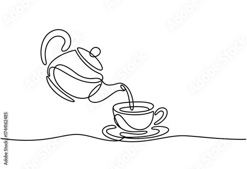 Minimalist continuous line drawing of a teapot pouring hot beverage into a delicate teacup and saucer set
