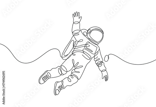Minimalist line art depicting an astronaut floating freely in the vastness of space with a tether
