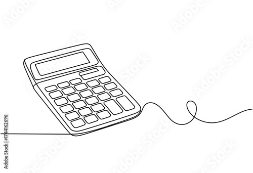 Minimalist single line drawing of a calculator with a coiled cord against a stark white background