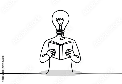 Continuous line drawing depicts a person with a lightbulb for a head reading a book