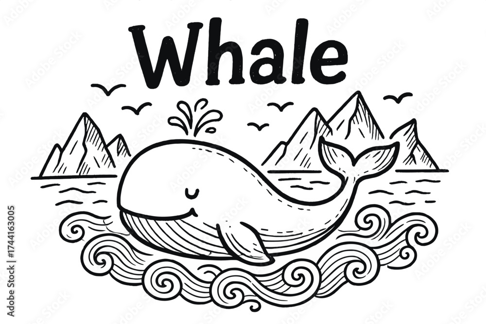 Naklejka premium Doodle Arctic Whale. Doodle arctic whale with waves, icebergs, and birds, center word “Whale” in black and white isolated