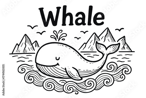 Doodle Arctic Whale. Doodle arctic whale with waves, icebergs, and birds, center word “Whale” in black and white isolated