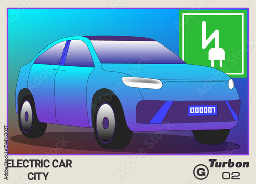 Vector collectible card, calendar or insert. Cartoon gradient city electric car. Toon automobile. Urban transport. Violet frame. Number 2. Two. Sedan