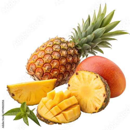 Tropical Fruits with Pineapple and Mango Isolated on White Background