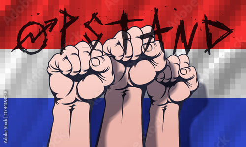 Vector political poster. Pixel mosaic Netherlands national flag. Clenched, powerful male fists. Word uprising is written in Dutch. Riot and rebellion in Holland