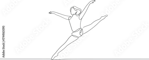 Elegant minimalist line art illustration of a ballet dancer in mid leap with a subtle watercolor wash