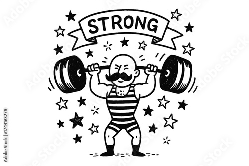 Doodle Strongman Display. Doodle strongman lifting weights with stars and banners, center word “Strong” in black and white