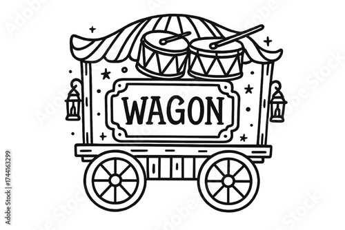 Circus Wagon Doodle. Doodle circus wagon with drums, wheels, and lanterns, center word “Wagon” in black and white isolated