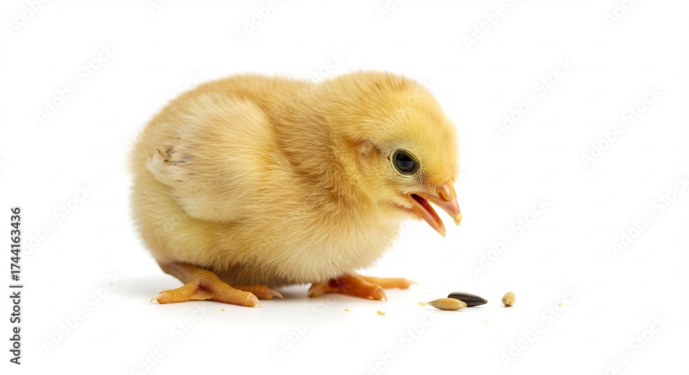 Obraz premium Poussin jaune mignon mange graines fond blanc lumi�re douce. AI Generated