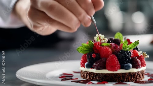 Chef’s hand artistically decorating a fruit dessert, symbolizing creativity, culinary passion, and gourmet excellence.