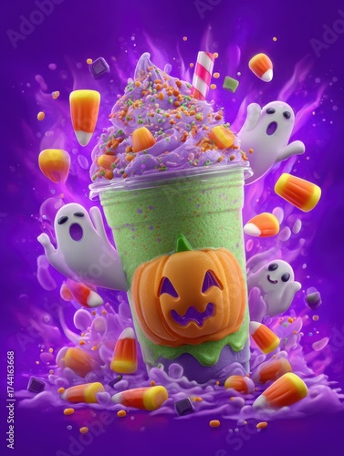 Spooky Halloween milkshake with candy corn ghosts and pumpkin decor for a festive celebration
