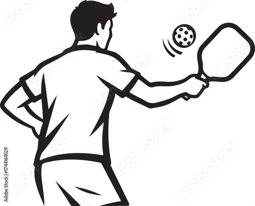 Vector art of a pickleball player is shown in this black and white illustration, ready to strike the ball with their paddle, the image captures the action and energy of the sport on