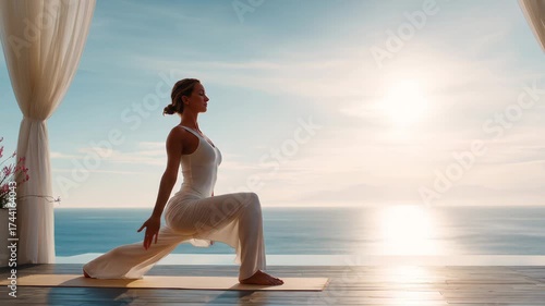 Serene woman practicing yoga by the sea, embracing peace, balance, and connection with nature under gentle sunlight.