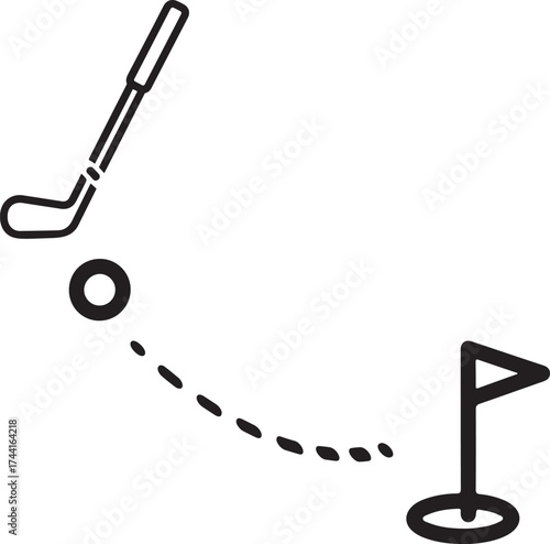 Vector art of a golf club is poised to strike a golf ball near a hole with a flag in this black and white illustration, the image captures the precision and skill of the sport on