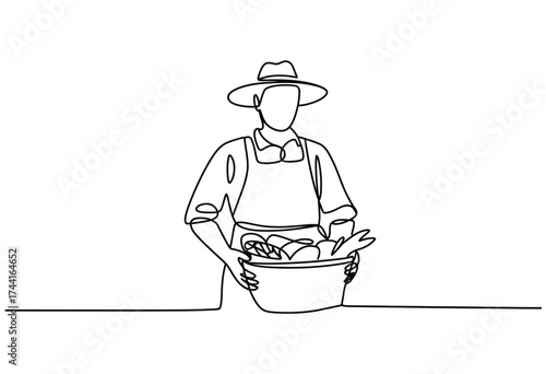 Minimalist single line drawing of a farmer wearing a hat and apron holding a basket of fresh produce