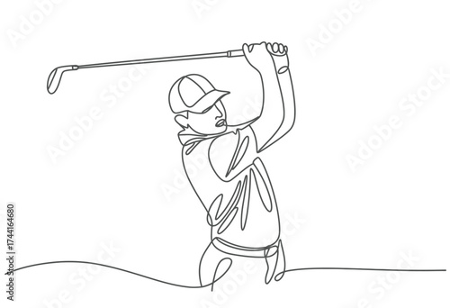 Dynamic single line drawing captures the powerful swing of a golfer in mid action