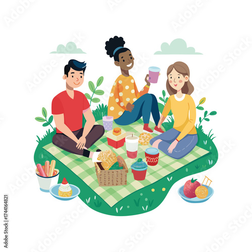 Three diverse friends enjoying a cheerful outdoor picnic party together