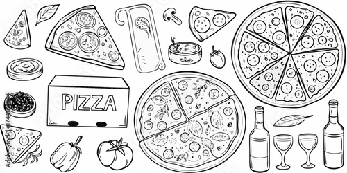 A hand drawn collection of pizza slices whole pizzas ingredients and drinks in a whimsical outline style