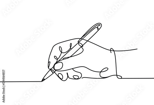 Minimalist single line drawing of a hand holding a pen writing on a blank surface