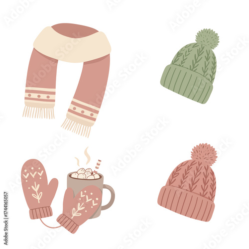 Winter wool scarf and beanie hat – cozy cold weather fashion accessories vector illustration