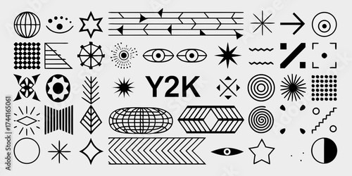 Collection of y2k inspired abstract geometric shapes and symbols in black and white