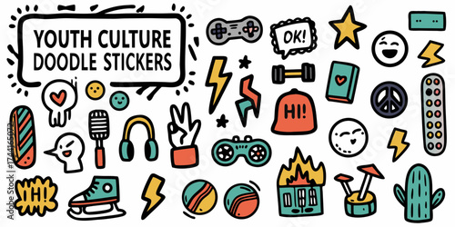Collection of vibrant hand drawn doodle stickers representing youth culture and modern interests