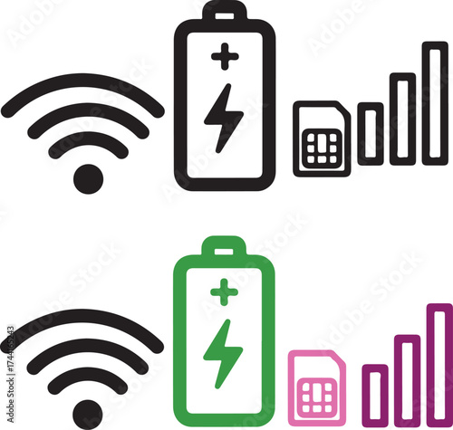 Vector art of illustration showing a battery with a plus and minus sign, a lightning bolt, a sim card, a wifi symbol, and a signal strength indicator perfect for mobile technology concepts on
