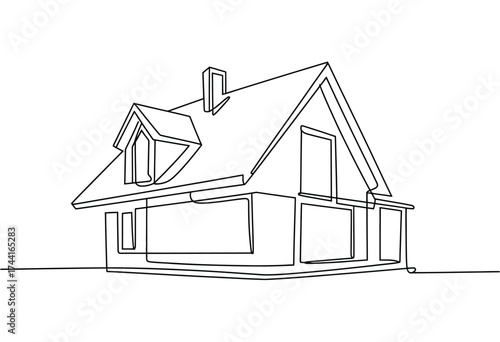 Minimalist single line drawing of a charming two story house with a gable roof and dormer window