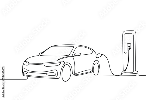 Minimalist line art depicts modern electric vehicle connected to charging station for sustainable energy