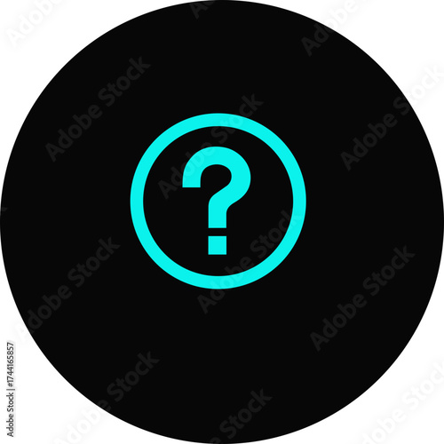 Question Mark Icon in a Circle, Symbol for Inquiry, Information, Unknown, or Seeking Answers on a Black Background with Cyan Outline and Shadow