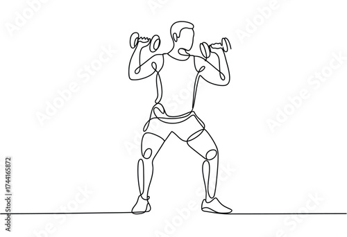 Minimalist continuous line drawing of a muscular man performing dumbbell shoulder presses during a workout session