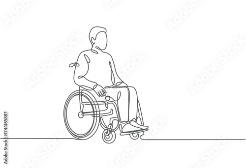 Minimalist line drawing captures a person sitting in a wheelchair looking outward