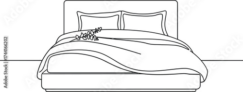 Minimalist sketch of a comfortably made bed with pillows and duvet in a simple room setting