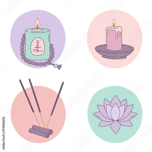 Relaxing Spa Illustration with Candle, Essential Oils and Lotus Flower
