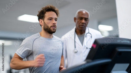 Athlete running on treadmill during cardiology fitness test with doctor monitoring athlete treadmill test, cardiology fitness check, ECG monitor heart rate, sports medicine researc