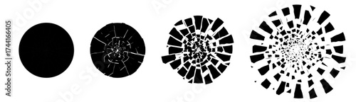 Cracked glass circle texture with sharp shattered fragments. Abstract burst effect in white and black for impact or explosion themes. Modern vector design perfect for logo, poster or vfx concept.