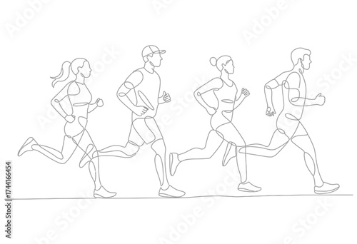 Dynamic line art illustration captures the energetic motion of four diverse runners in full stride