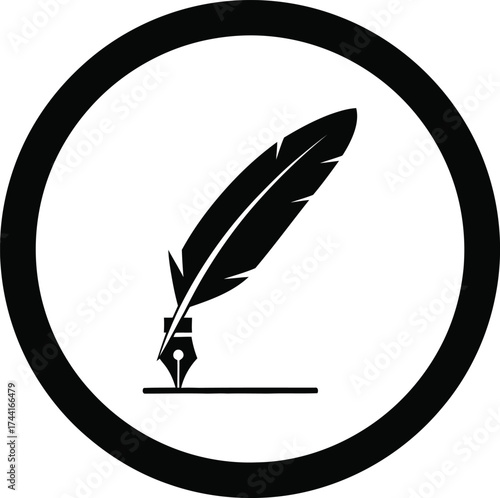 Classic black and white circular icon featuring a quill pen writing on a line