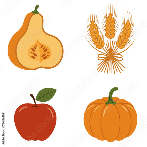Autumn Harvest Icons with Pumpkin, Wheat and Gourd Illustration