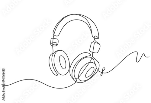 Minimalist single line drawing of classic over ear headphones with a wavy cord on a white background