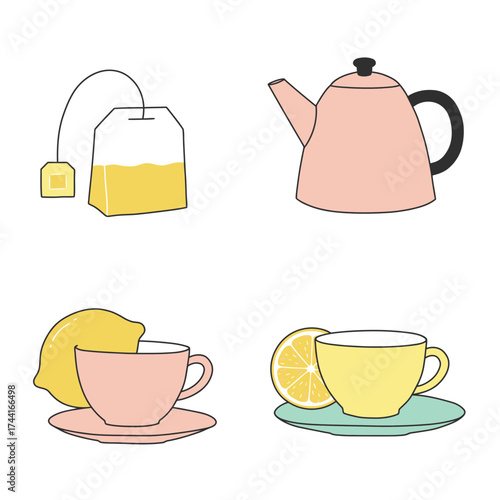 Cozy Tea Time Illustration with Teapot, Cup and Sugar Jar in Soft Pastel