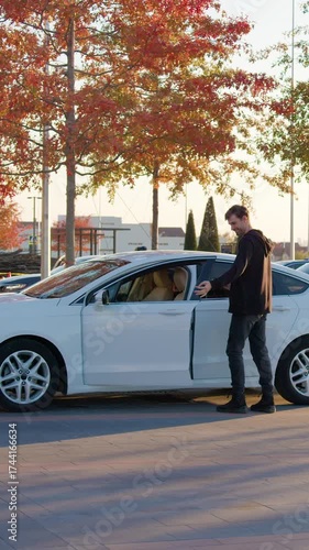 Man using mobile app to unlock rental car in urban setting, surrounded by trees and parked vehicles, showcasing modern technology and convenience in transportation