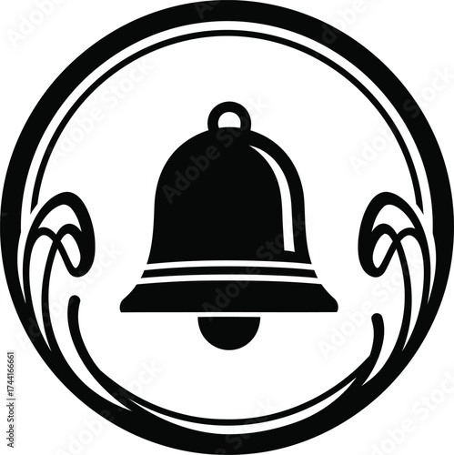Classic black and white bell icon with decorative swirling elements inside a circular frame