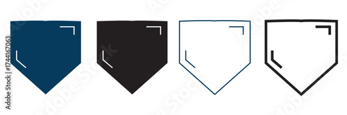 Baseball home plate icons in  outline design. Two simple baseball home plate icons, one filled and one outlined, representing sports symbols or design elements . 