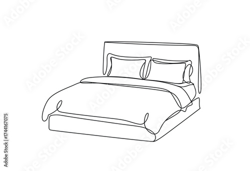 Artistic sketch of a cozy bed with pillows and duvet on a white background