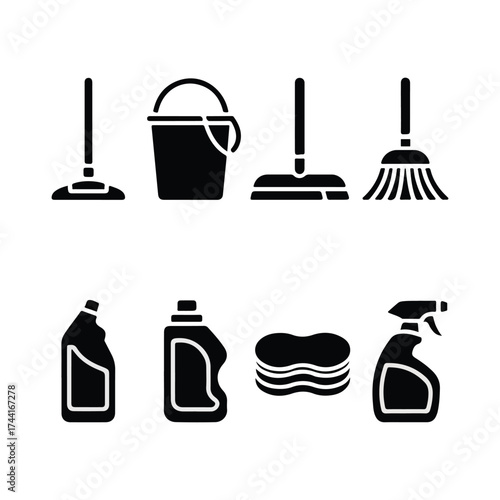 Cleaning tools and supplies vector icon set for household and janitorial services