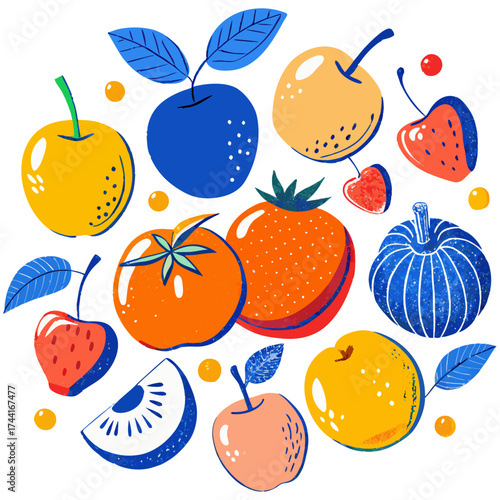 Vector art of a colorful assortment of fresh fruits and vegetables on