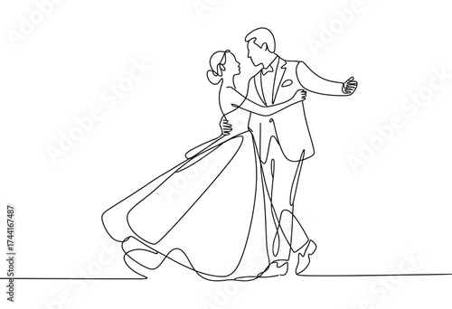 Elegant line drawing captures a bride and groom dancing joyfully together on their wedding day